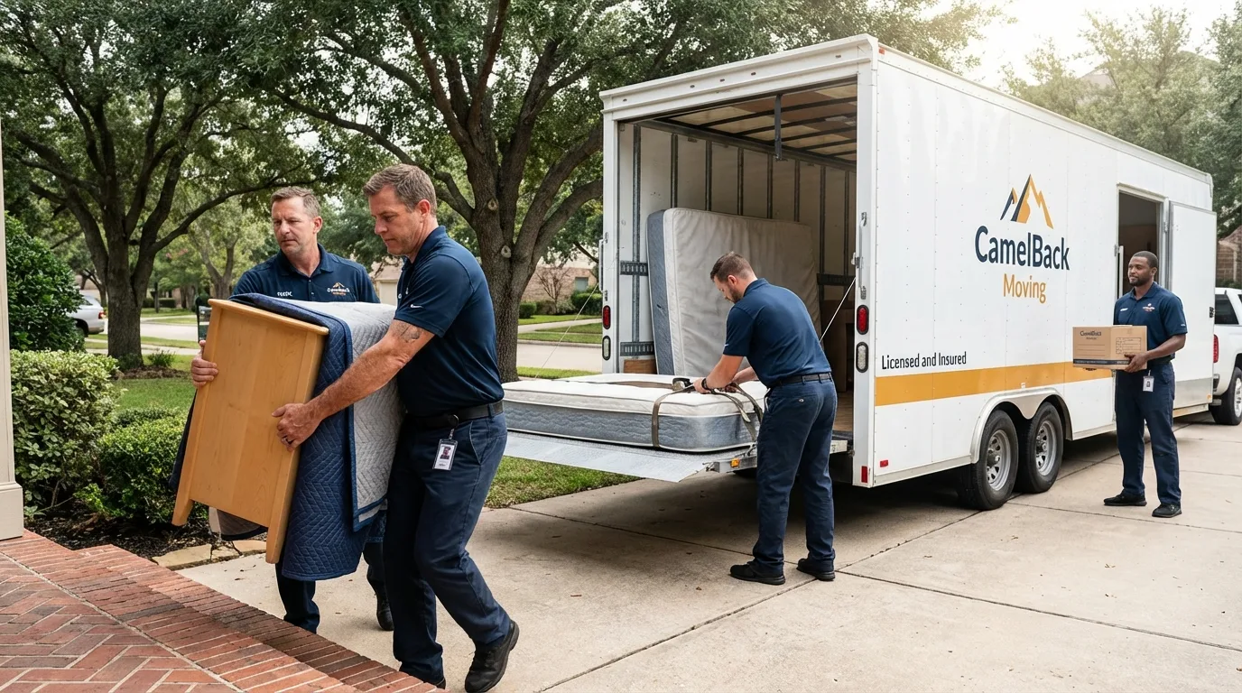 Crew loading residential truck for cross-state move from Georgetown, TX