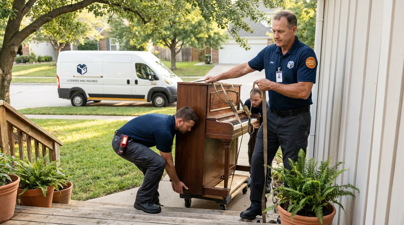 Licensed piano movers securing grand piano in Georgetown, TX