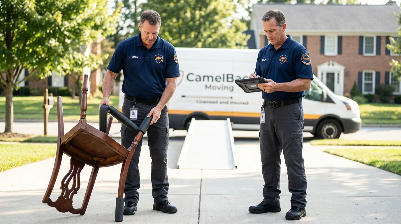 Movers inspecting furniture for damage prevention before loading in Georgetown, TX